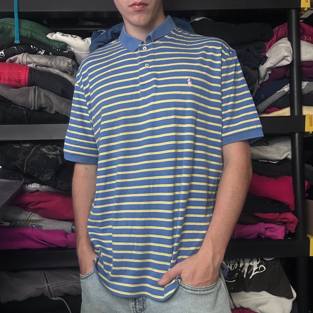Vintage Polo Ralph Lauren Striped Polo Shirt XL Blue Yellow Y2K Skater Boxy Fit